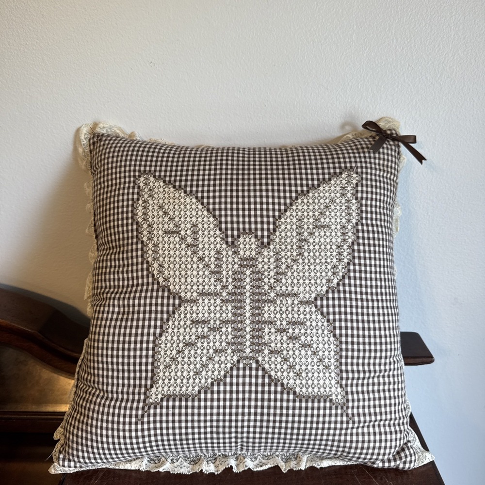 16"x16" Butterfly Needlepoint Throw Pillow Brown Country Checkered Cottage